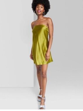 Wild Fable Strapless Satin Mini Dress in Olive Green